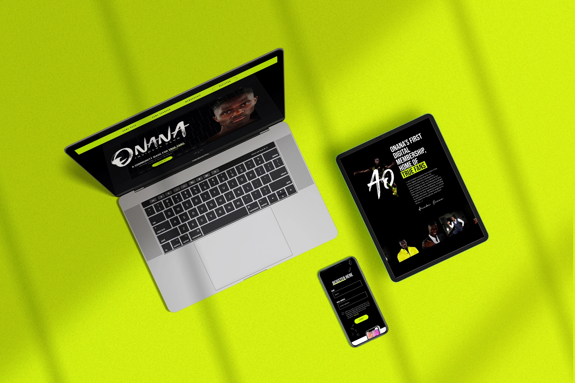 Photo d'un mockup d'un laptop, d'une tablette et d'un smartphone avec le site d'Onana