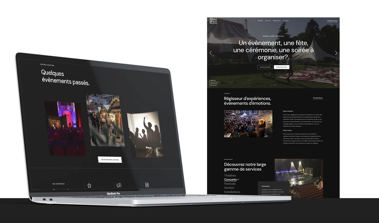 Mockup sur un laptop et image à plat de la version desktop du site web de Show & Event Facilities