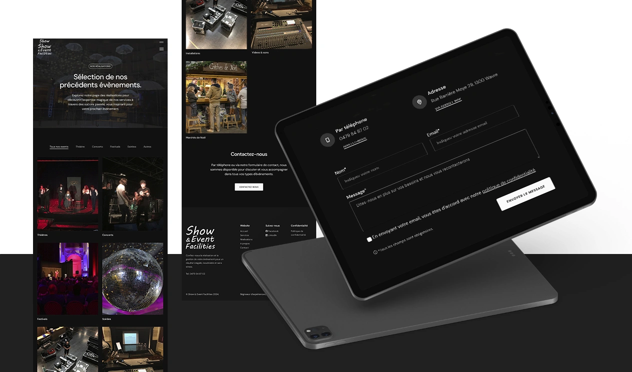 Mockup sur une tablette et image à plat de la version tablette du site web de Show & Event Facilities
