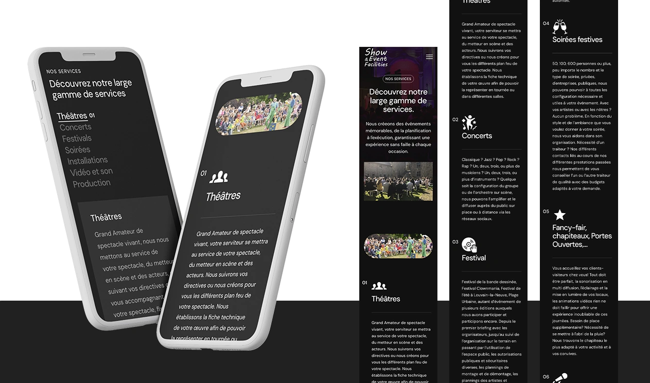 Mockup sur un smartphone et image à plat de la version smartphone du site web de Show & Event Facilities